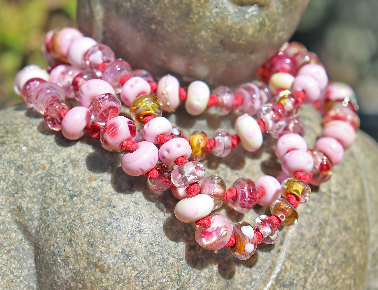 Bougainvillea Rose Knotted Art Glass Necklace