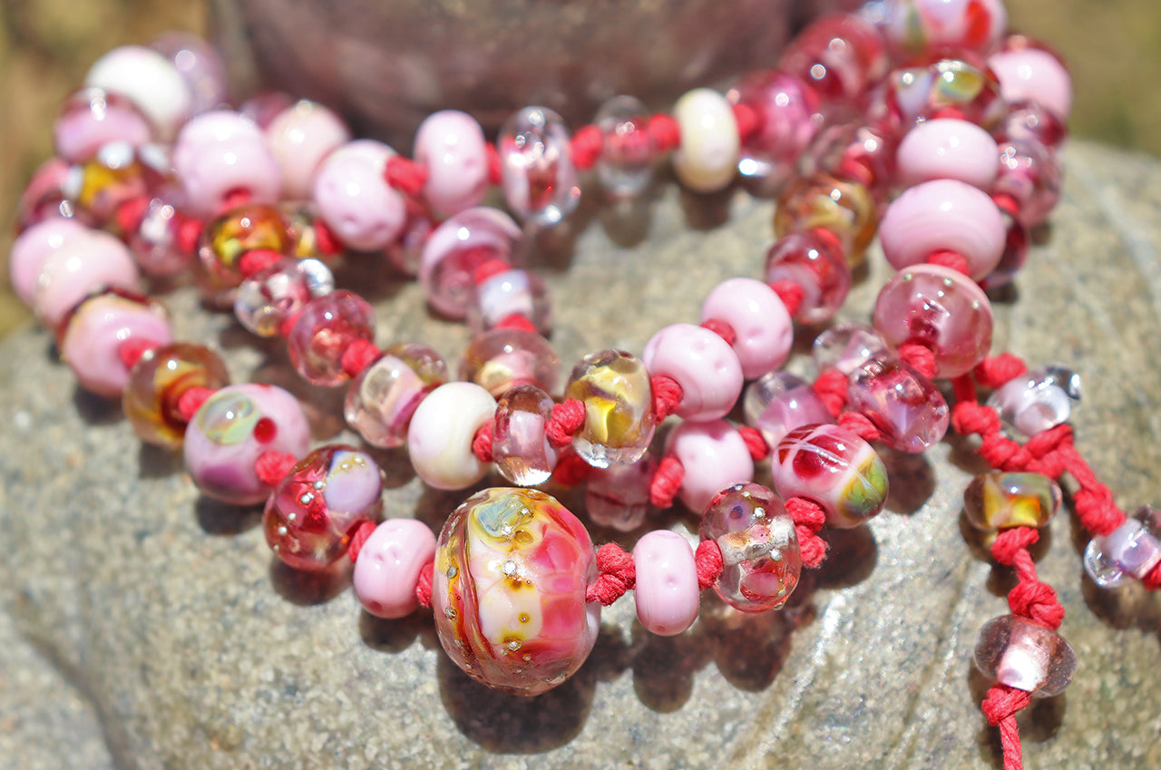 Bougainvillea Rose Knotted Art Glass Necklace