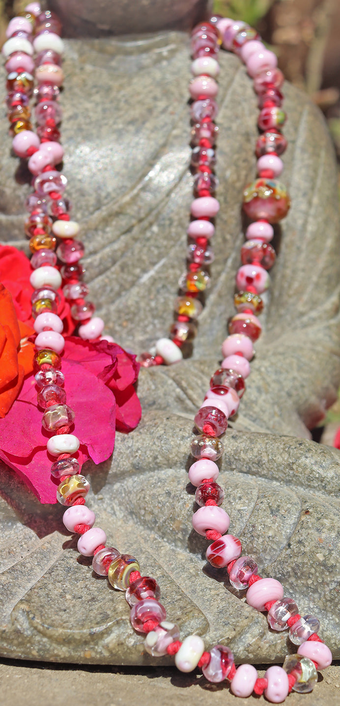 Bougainvillea Rose Knotted Art Glass Necklace