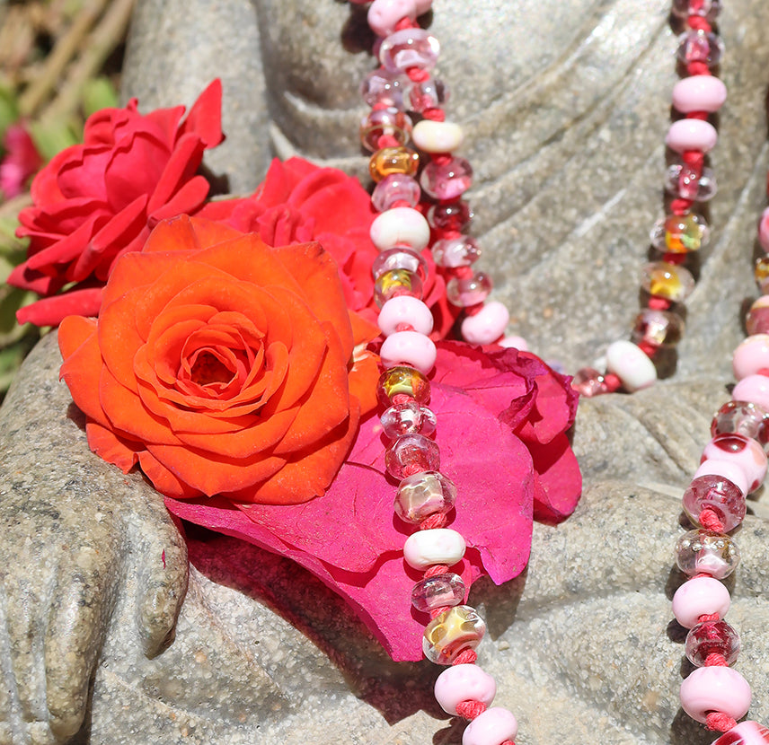 Bougainvillea Rose Knotted Art Glass Necklace