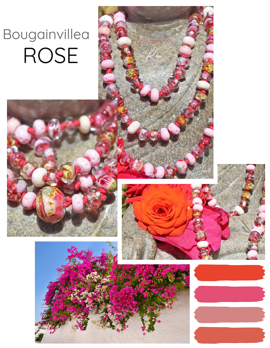 Bougainvillea Rose Knotted Art Glass Necklace